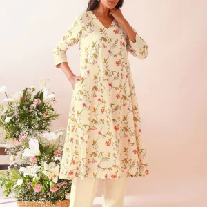Women Multicolour Cotton V Neck Flared Kurta