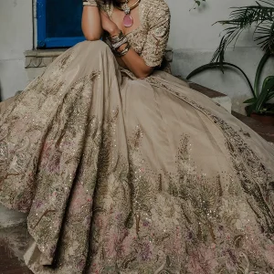 Beige Umbrella Style Tissue Lehenga with Pentagon Neck Blouse