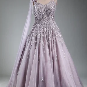 Sequins Embroidered Net Indowestern Gown with Sweet Heart Neck