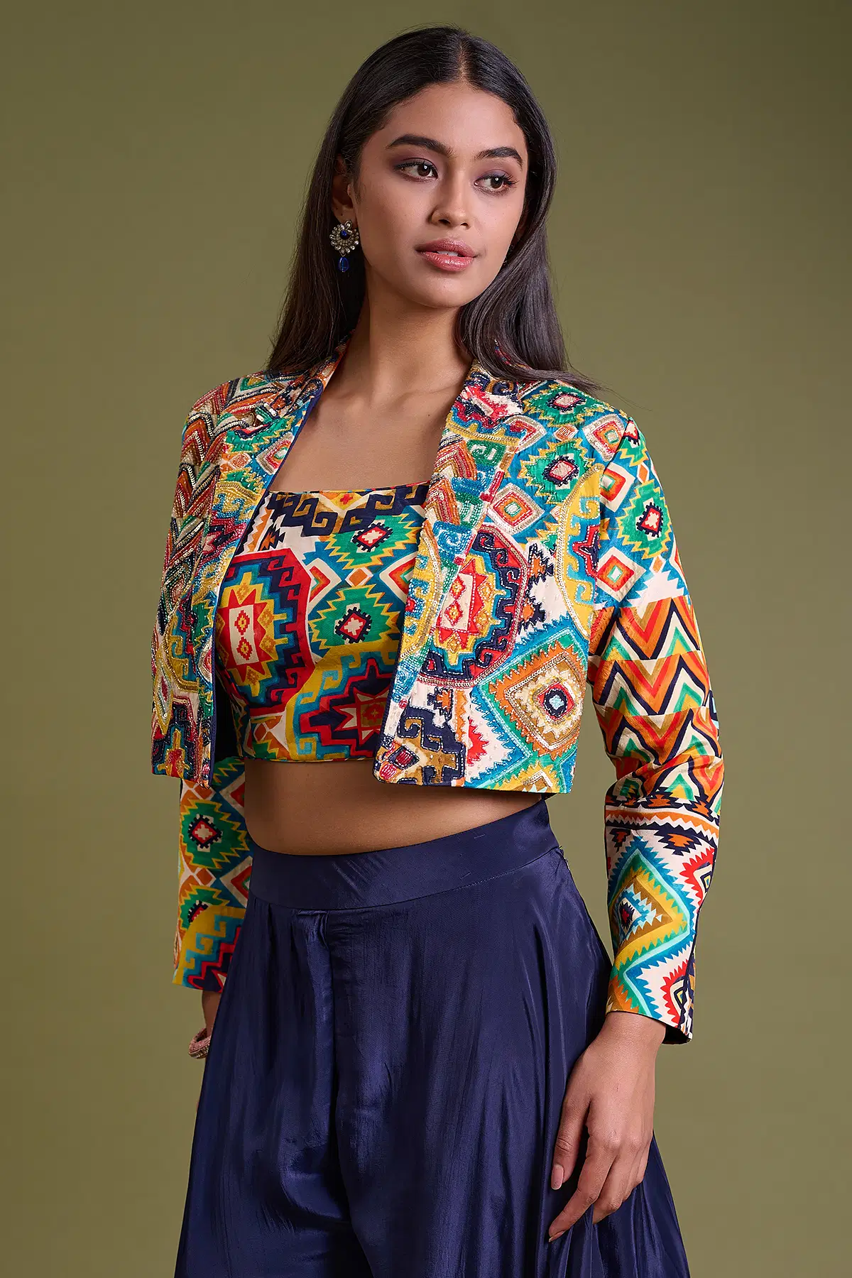 Multicolor Crepe Crop Top with Cutdana Embroidery-GE3908